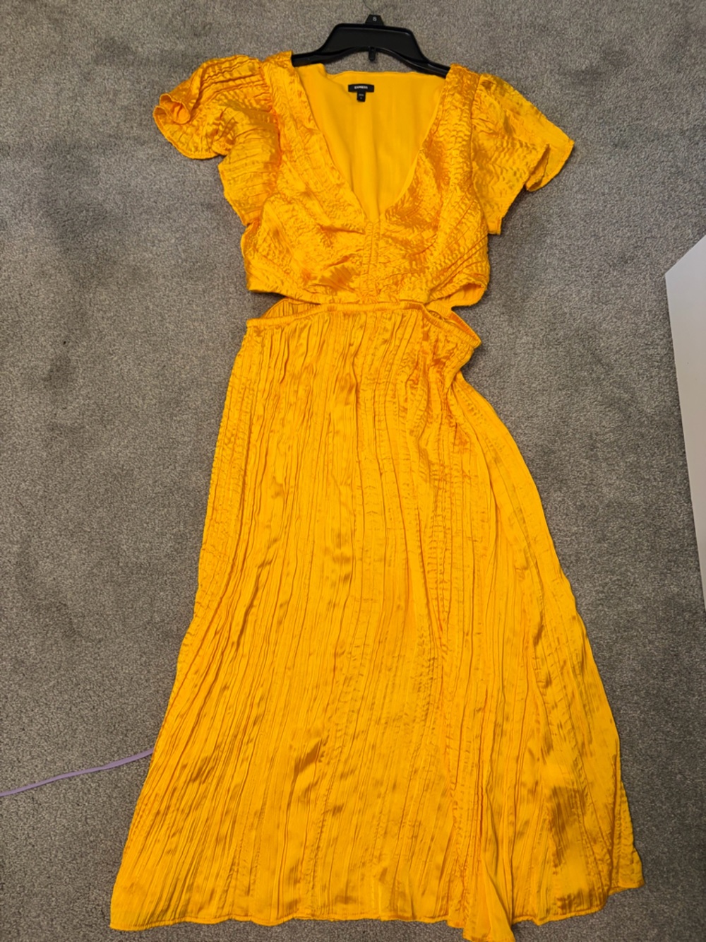 Satin V-Neck Flutter Sleeve Pleated Cutout Midi Dress express